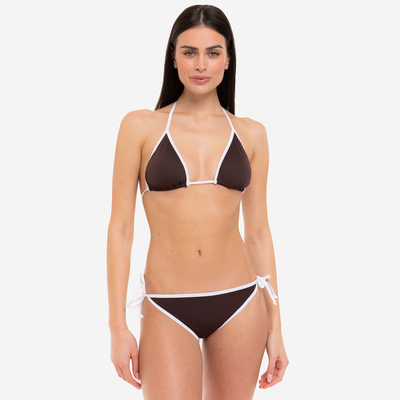 Bikini Triangolo + Slip con Lacci con Bordo a Contrasto Cocoa - Le Blu