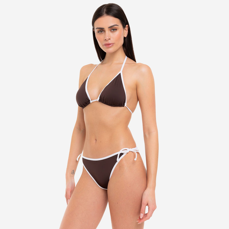 Bikini Triangolo + Slip con Lacci con Bordo a Contrasto Cocoa - Le Blu