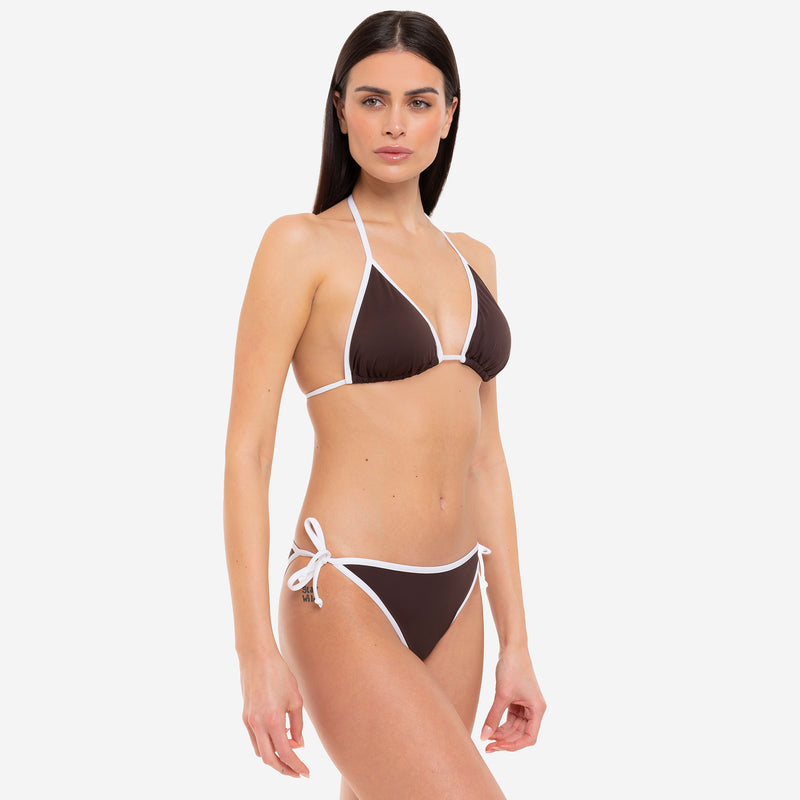Bikini Triangolo + Slip con Lacci con Bordo a Contrasto Cocoa - Le Blu