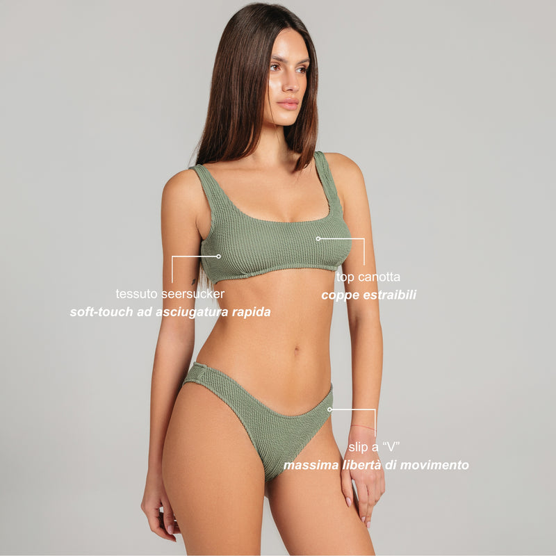 Bikini Donna Canotta Surf + Slip a “V” Verde Army Seersucker - Le Blu