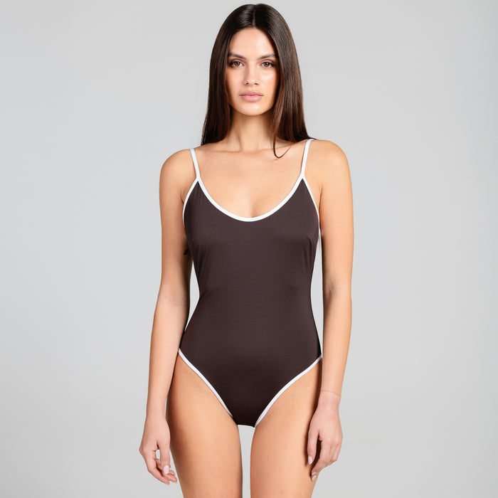 Costume Intero Olimpionico Marrone Bordato Bianco - Le Blu